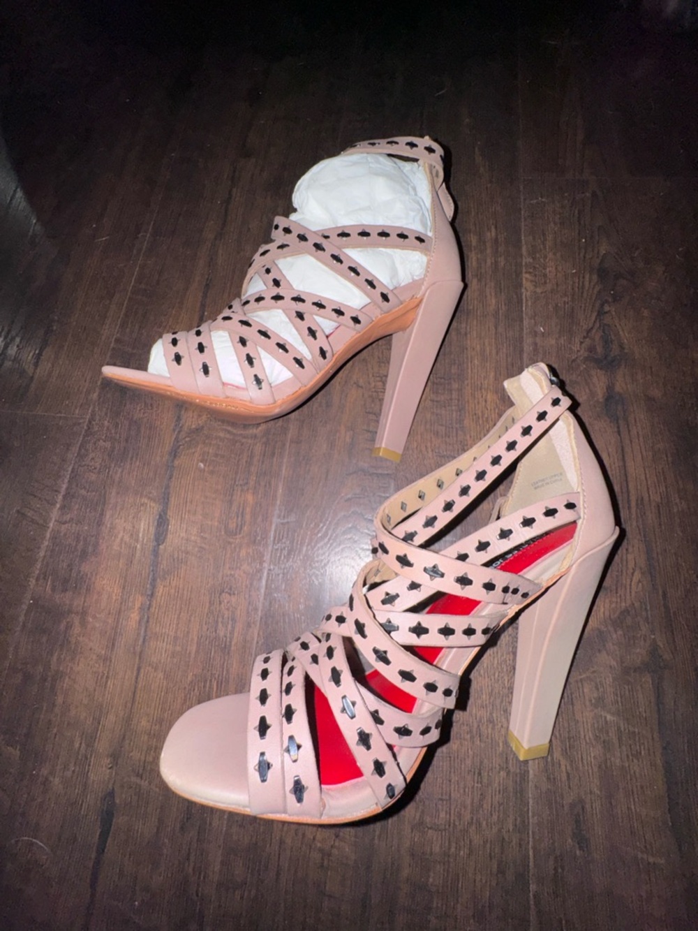 Charles Jourdan NIB Strappy Studded Block Heel Sandals in Nude and Black
